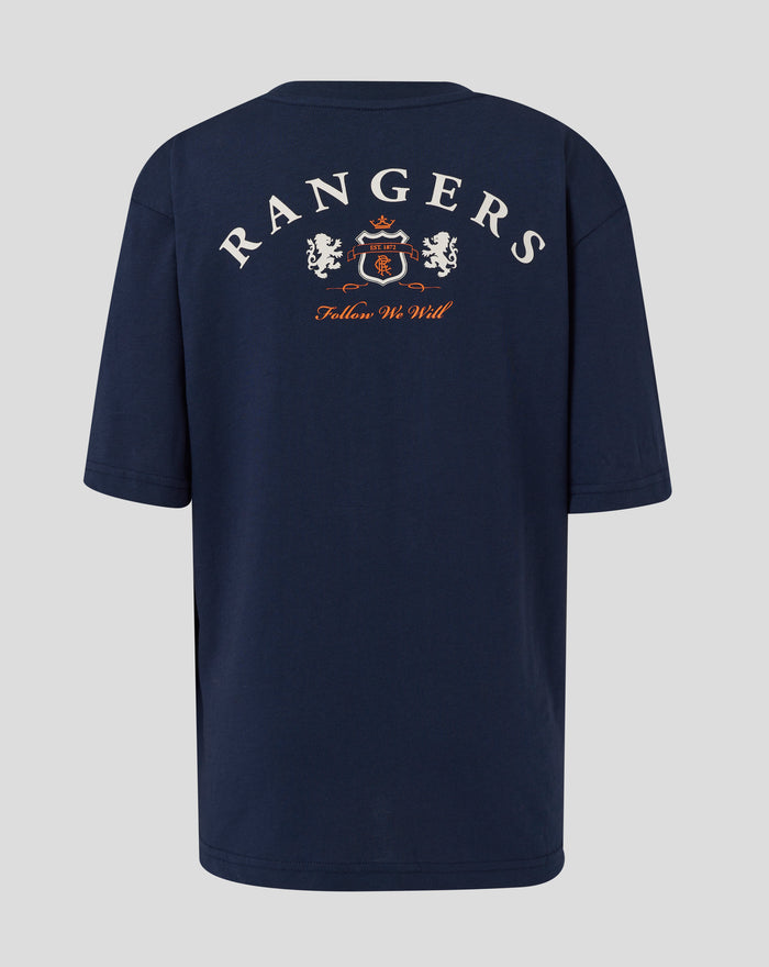 Back view of navy Rangers t shirt with large curved RANGERS text above the crest.