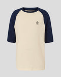Cream raglan T shirt with navy sleeves and small Rangers scroll crest on the chest