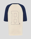 Front view of cream and navy Rangers raglan T shirt featuring an oversized line art graphic on the chest