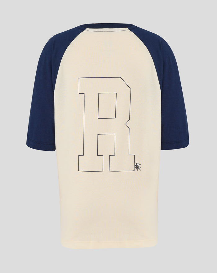 Front view of cream and navy Rangers raglan T shirt featuring an oversized line art graphic on the chest