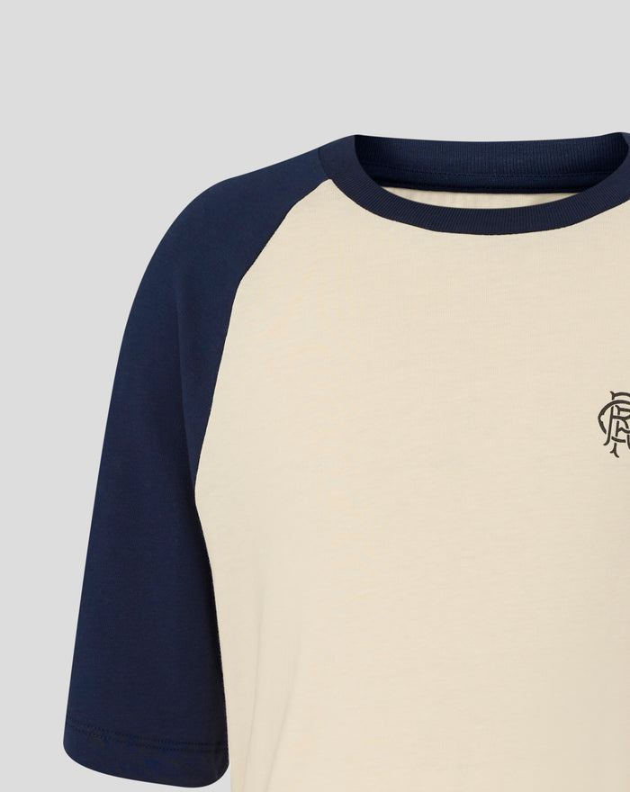 Junior Rangers raglan T shirt with navy sleeves and cream body, scroll crest on the chest
