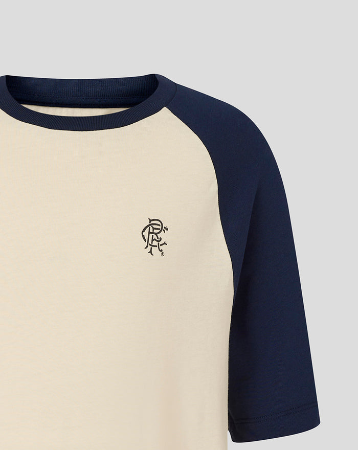 Back view of cream and navy Rangers raglan T shirt with a bold large back graphic