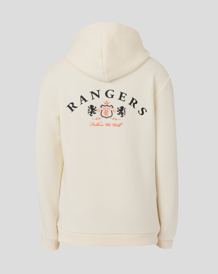 Back view of the cream Junior Rangers Hoodie with a large crest graphic on the back