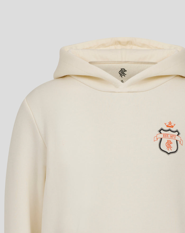 Close up of the cream Junior Rangers Hoodie neck showing a small Rangers emblem inside