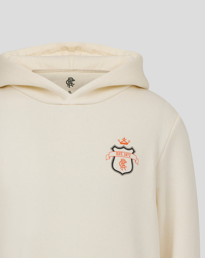 Back view of the cream Junior Rangers Hoodie displaying the Rangers crest with an orange EST 1872 banner