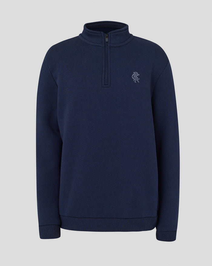 Navy blue junior Rangers Contemporary Quarter Zip fleece shown from the chest up with a front zipper and a small crest on the left chest