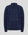 Back view of navy Rangers quarter zip sweatshirt with a large outlined back graphic