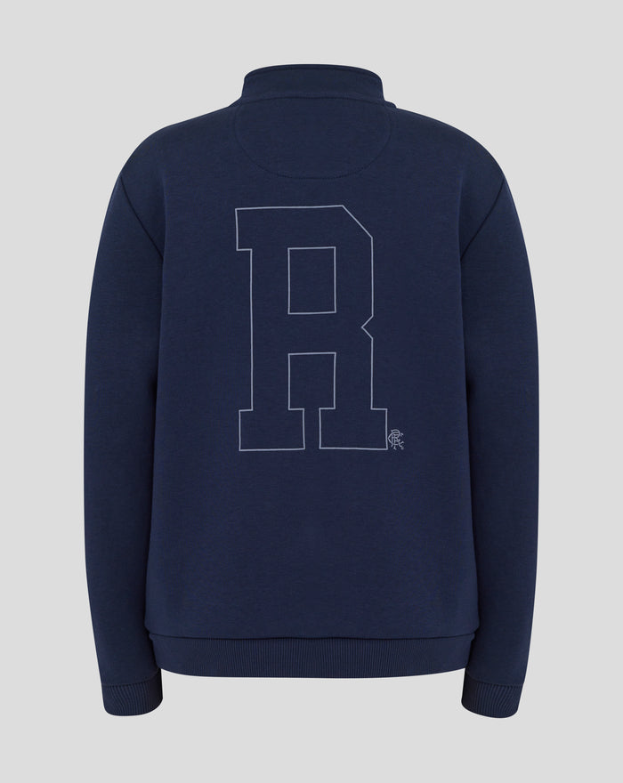 Back view of navy Rangers quarter zip sweatshirt with a large outlined back graphic