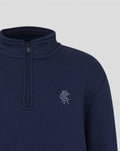 Close-up of navy Rangers Contemporary Quarter Zip sweatshirt focusing on the zipper and left chest crest