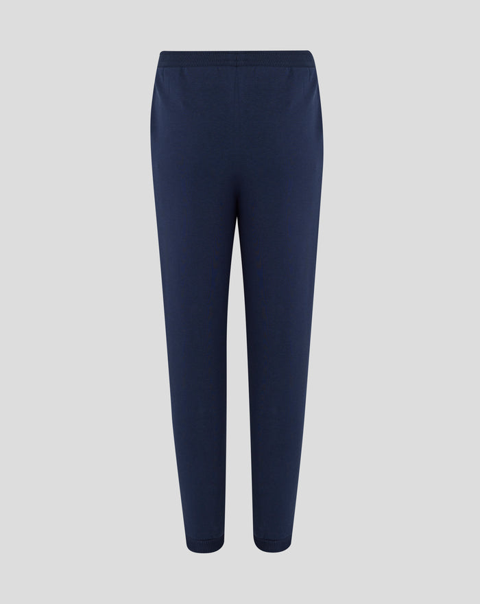 Back view of navy Rangers jogger with ribbed cuffs and crest on the leg.