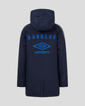 Back view of a navy junior travel bench jacket with Rangers and Umbro logos on the back.