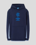 Front view of navy junior travel hoodie with light blue sleeve panels and a blue club crest and Umbro logo on the chest.