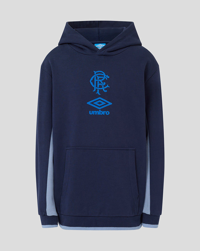 Front view of navy junior travel hoodie with light blue sleeve panels and a blue club crest and Umbro logo on the chest.