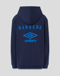 Back view of navy JUNIOR travel hoodie with blue RANGERS lettering and Umbro logo.