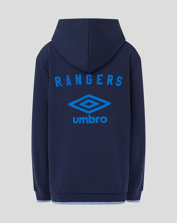 Back view of navy JUNIOR travel hoodie with blue RANGERS lettering and Umbro logo.