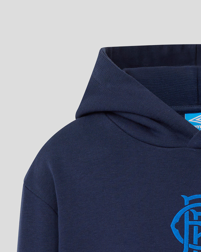 Close up of navy hoodie hood and neckline showing a three-panel hood and blue brand tag.