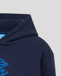 Close up of navy hoodie shoulder and hood seam with a partial club crest visible.