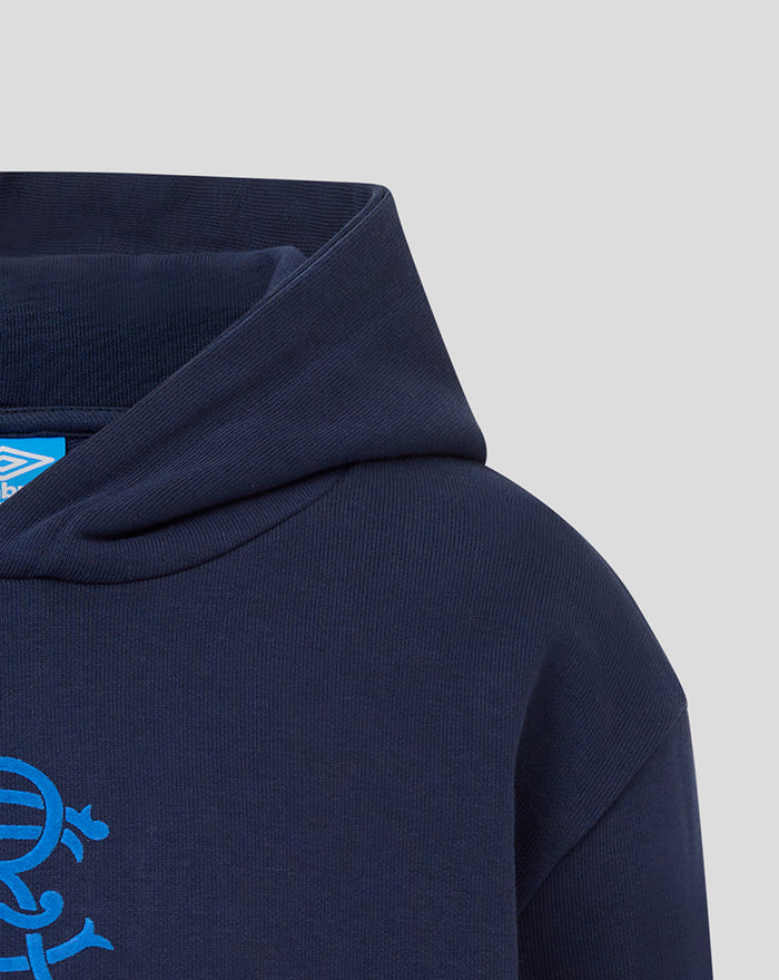 Close up of navy hoodie shoulder and hood seam with a partial club crest visible.