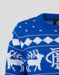 Close up of the blue knit neckline on a Christmas jumper with a ribbed collar and white geometric pattern.