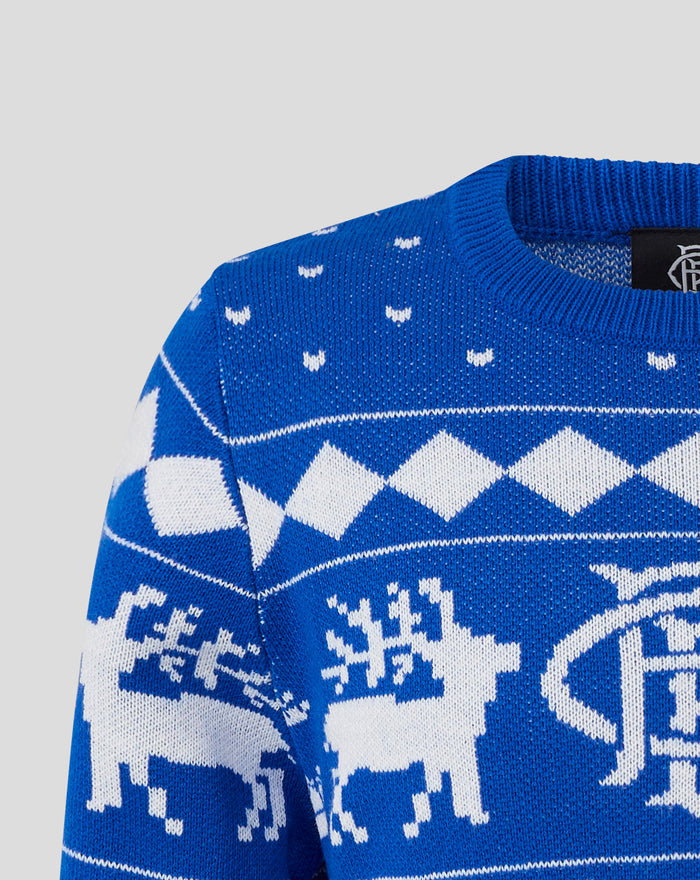 Close up of the blue knit neckline on a Christmas jumper with a ribbed collar and white geometric pattern.
