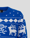 Detail of blue knitted Christmas jumper showing white snowflake and reindeer motifs on the fabric.