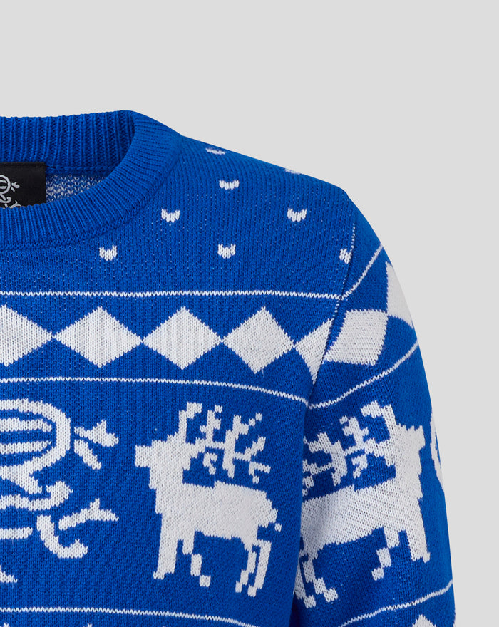 Detail of blue knitted Christmas jumper showing white snowflake and reindeer motifs on the fabric.