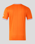 Back view of bright orange Rangers replica shirt with striped collar and cuffs.