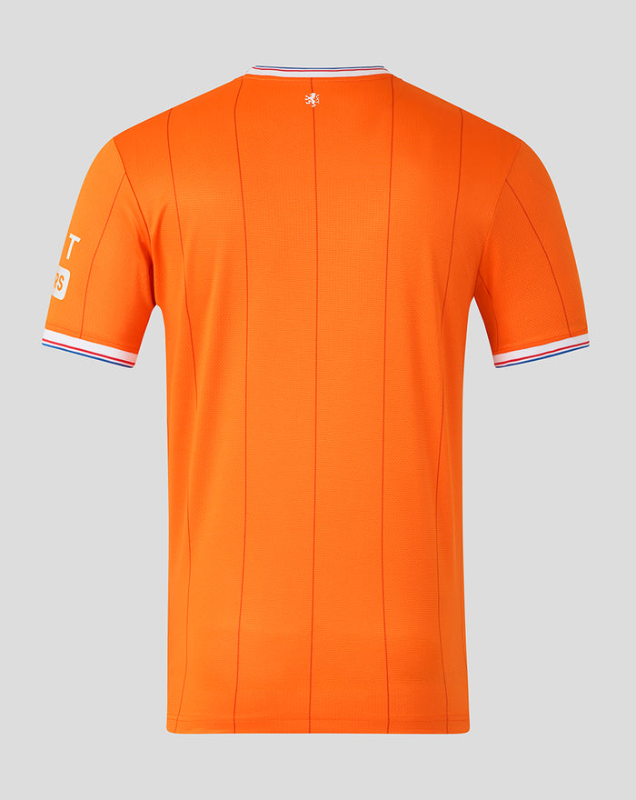 Back view of bright orange Rangers FC shirt showing vertical panel seams and a small white crest at the neck