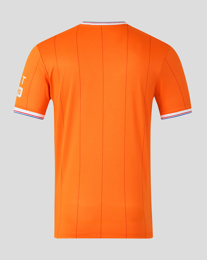Back view of bright orange Rangers replica shirt with striped collar and cuffs.