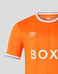 Front view of bright orange Rangers FC shirt with white collar and large BOX sponsor across chest and Umbro logos