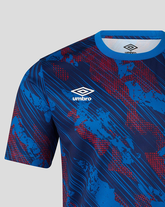 Rangers Armed Forces Day tee close-up with blue multi-terrain print and Umbro logo on the chest.
