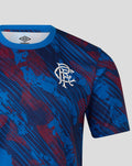 Close up of the Armed Forces Day range tee chest area showing blue and red abstract print and Rangers crest.