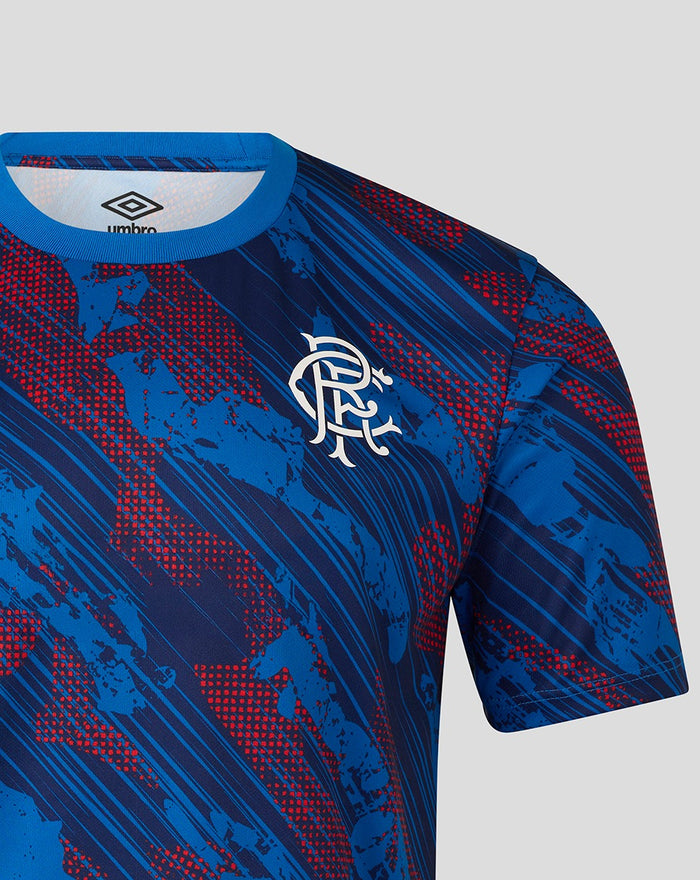 Close up of the Armed Forces Day range tee chest area showing blue and red abstract print and Rangers crest.