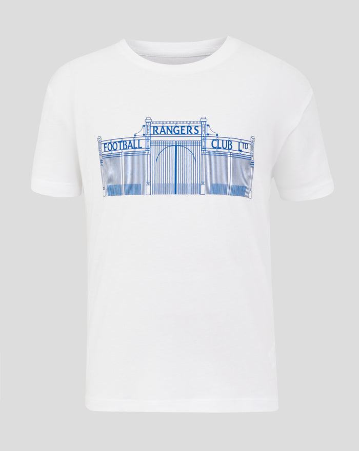 White junior T shirt featuring a blue line art stadium gate with Rangers Football Club text on the front