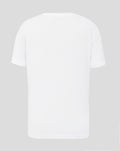 Back view of a white short sleeve T shirt showing the plain neckline and minimal stitching