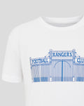 Close up of the blue printed gate design on the white T shirt with Rangers Football Club signage