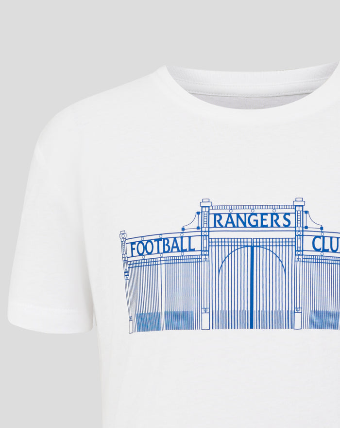 Close up of the blue printed gate design on the white T shirt with Rangers Football Club signage