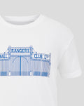 White junior size Varsity Stadium Gate Tee with a blue gate graphic on the chest