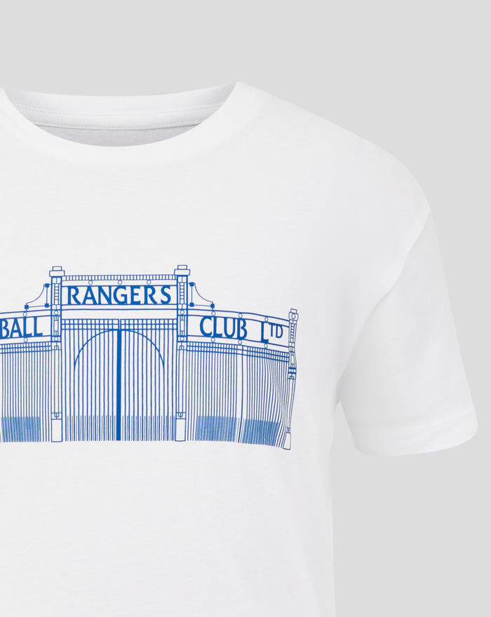 White junior size Varsity Stadium Gate Tee with a blue gate graphic on the chest