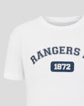 Close up of front of white JUNIOR 25/26 VARSITY CLUB TEE showing Rangers graphic and 1872 badge.