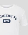 Close up of white junior varsity tee with navy Rangers Football Club graphic and 1872 badge