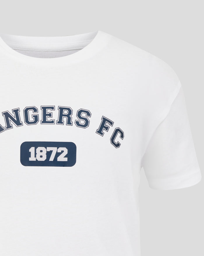 Close up of white junior varsity tee with navy Rangers Football Club graphic and 1872 badge