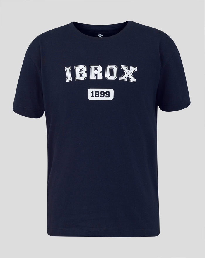Navy IBROX varsity tee with large white outlined IBROX lettering and a white 1899 badge on the chest