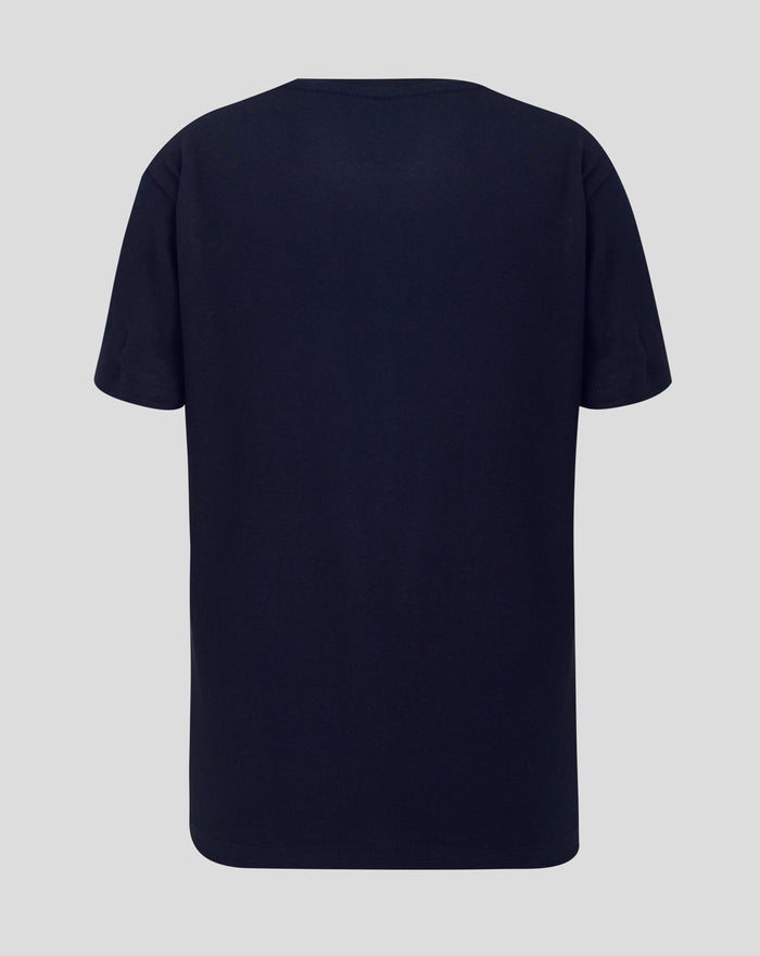 Back view of a navy IBROX varsity tee showing a plain dark fabric with short sleeves