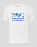 White T shirt with blue coordinates 55.8532° N, 4.3093° W and Ibrox Stadium Home of Rangers FC