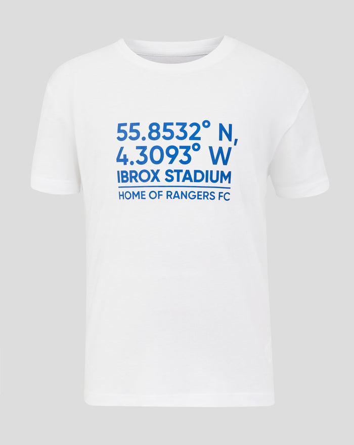 White T shirt with blue coordinates 55.8532° N, 4.3093° W and Ibrox Stadium Home of Rangers FC