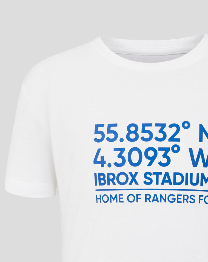 Close up of white T Shirt neckline with blue coordinates printed across the chest