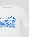 Detail of bold blue coordinates and text on the white T Shirt chest