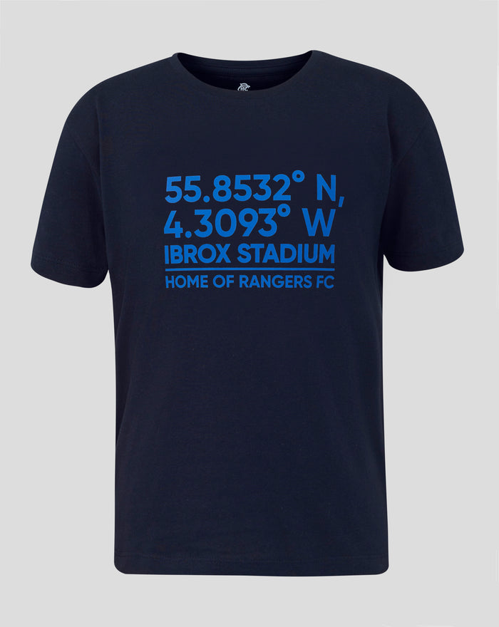 Front view of navy Junior Coordinates T shirt with bold blue latitude and longitude numbers and Ibrox Stadium text on chest.