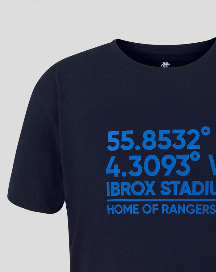 Close up of navy Junior Coordinates T shirt front showing bold blue coordinates and Ibrox Stadium Home of Rangers text.